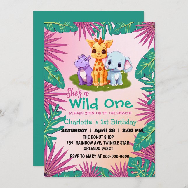 Convite Wild One Giraffe Hippo jungle 1rua Aniversário (Frente/Verso)