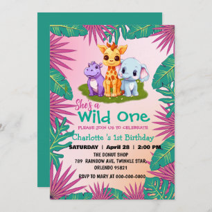 Convite Wild One Giraffe Hippo jungle 1rua Aniversário