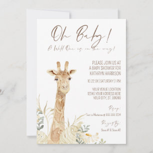 Convite Wild One Giraffe White Floral Gênero Neutro Bebê
