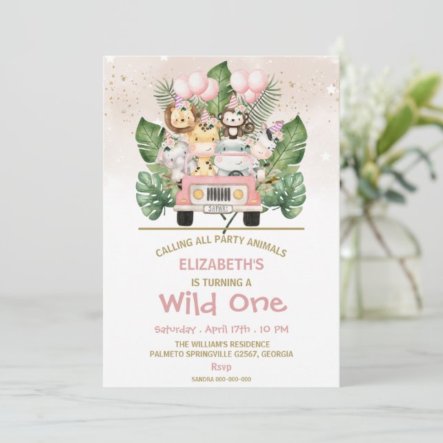 Convite Wild One Girl 1st Birthday Jungle Safari Animals (Em pé/Frente)