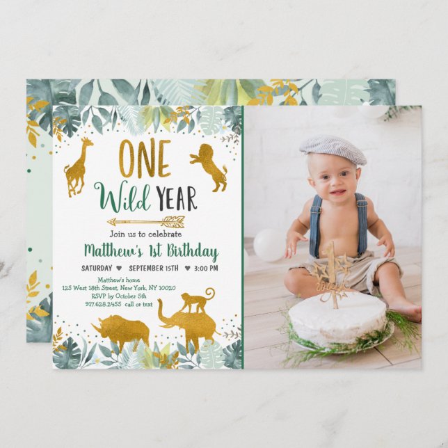 Convite Wild One Greenery Dourado Safari Aniversário (Frente/Verso)