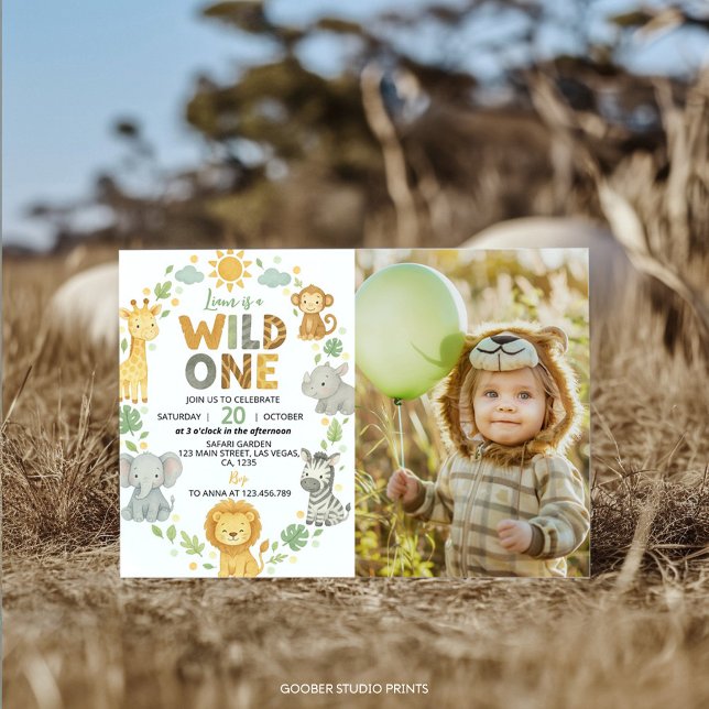 Convite Wild One Jungle Animals Safari 1st Birthday Photo (Criador carregado)