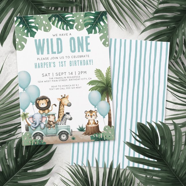 Convite Wild One Jungle Safari 1st Birthday Party (Wild One Jungle Safari 1st Birthday Party Invitation)