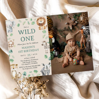 Convite Wild One Jungle Safari Animals Birthday Photo