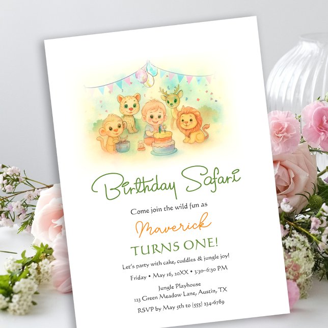 Convite Wild One Jungle Safari Animals Boy 1st Birthday (Wild One Jungle Safari Animals Boy 1st Birthday Invitation)