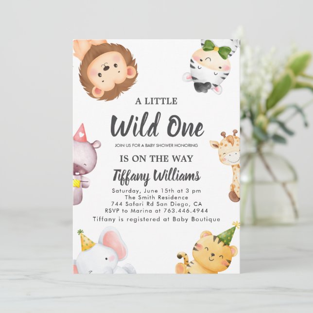 Convite Wild One Jungle Safari Baby Shower Party (Em pé/Frente)
