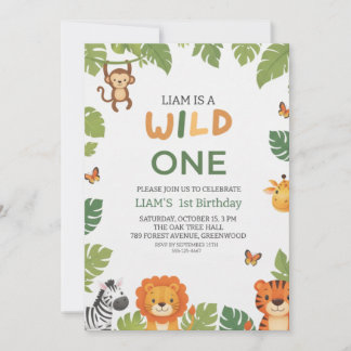 Convite Wild One Jungle Theme 1st Birthday Party Invite