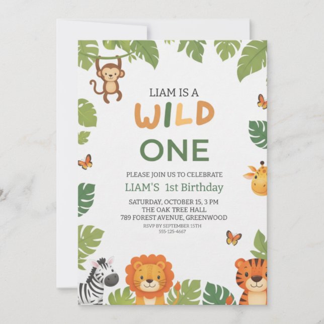 Convite Wild One Jungle Theme 1st Birthday Party Invite (Frente)