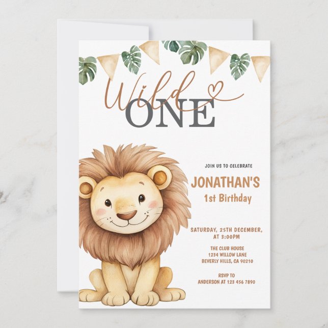 Convite  Wild One Lion 1st Birthday Party (Frente)