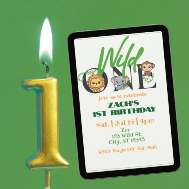 Convite Wild One Lion Elephant Monkey 1st Birthday Minimal (Criador carregado)