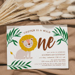 Convite Wild One Lion Jungle Safari 1st Birthday<br><div class="desc">Celebrate your little one's first birthday with this adorable safari-themed birthday invitation. The jungle 1st birthday invitation features your wild one's name displayed above a cute illustration of a lion with green tropical leaves bordering the design. Personalize the lion first birthday invitation with your child's name and party details below....</div>