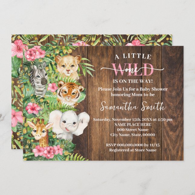 Convite Wild One on the Way Pink Rustic Safari Baby Shower (Frente/Verso)