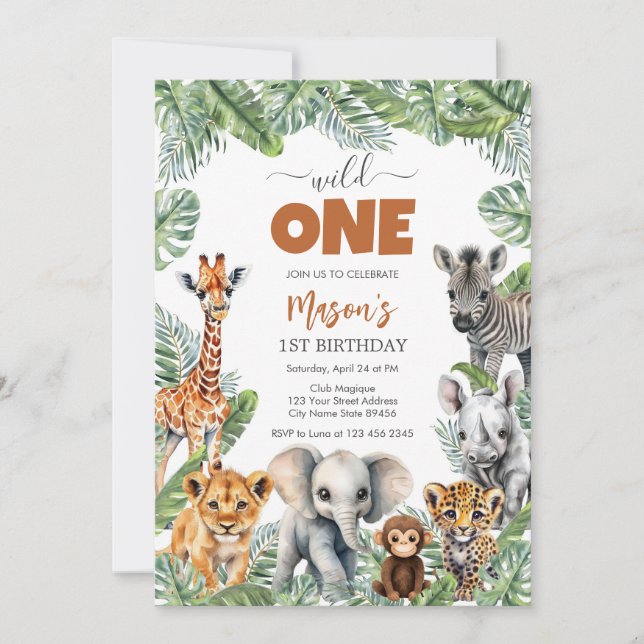 Convite Wild One Party Animals Kids 1st Birthday (Frente)