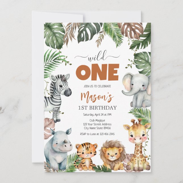 Convite Wild One Party Animals Kids 1st Birthday (Frente)