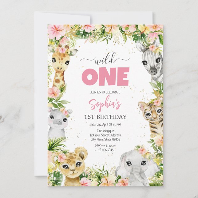 Convite Wild One Party Animals Kids 1st Birthday (Frente)