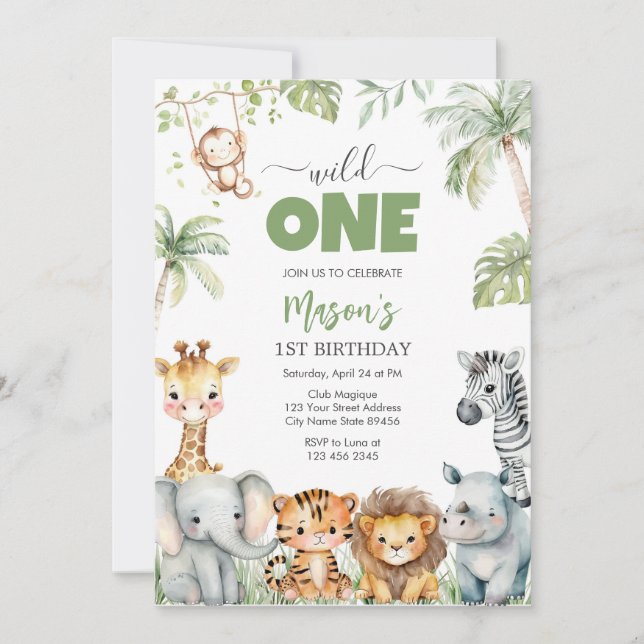Convite Wild One Party Animals Kids 1st Birthday (Frente)