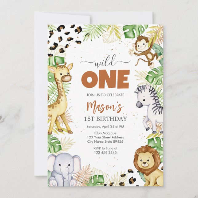 Convite Wild One Party Animals Kids 1st Birthday (Frente)