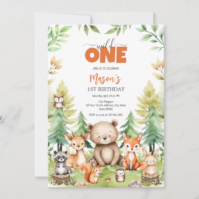 Convite Wild One Party Animals Kids 1st Birthday (Frente)