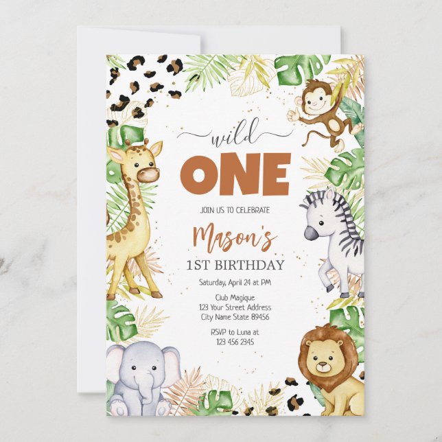 Convite Wild One Party Animals Kids 1st Birthday (Frente)