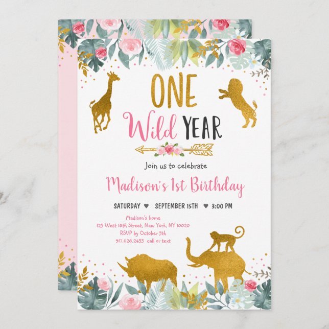 Convite Wild One Pink Dourado Greenery Safari Aniversário (Frente/Verso)