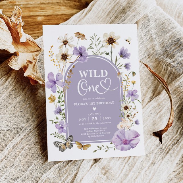 Convite Wild One: Purple Beige Wildflower 1st Birthday (Criador carregado)