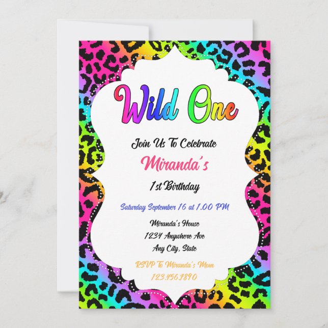 Convite Wild One Rainbow Leopard Aniversário (Frente)