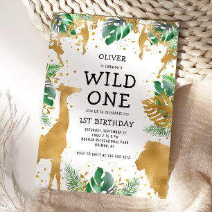 Convite Wild One Safari 1º Aniversário Verde Dourado Preto