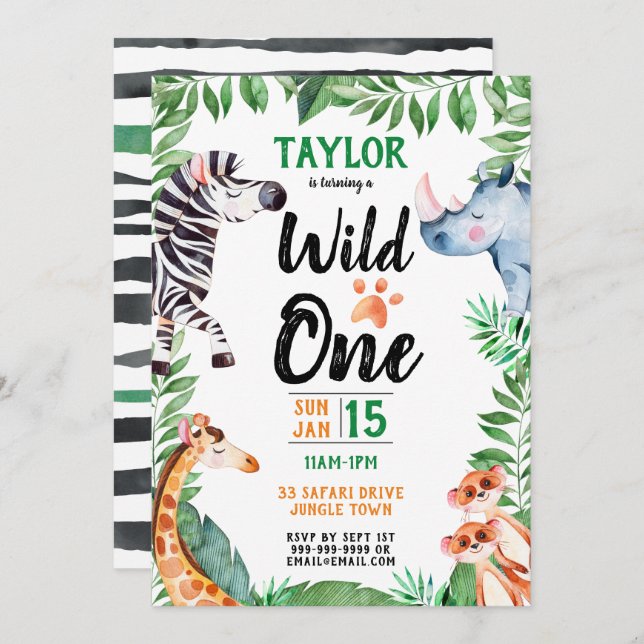 Convite Wild One Safari Animal Kids primeiro aniversario (Frente/Verso)