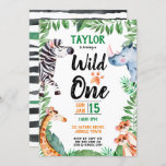 Convite Wild One Safari Animal Kids primeiro aniversario<br><div class="desc">Watercolor Wild One primeiro aniversario Safari Animal Aniversário de criança Invitation. Zebra,  rinoceronte,  girafa e merkats com folhas em um tema safari. O Wild One aniversário de criança convida para uma festa selvagem de safari. www.SamAnnDesigns.com</div>