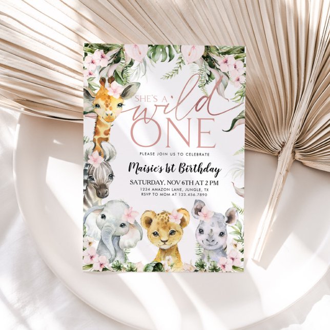 Convite Wild One Safari Animal primeiro aniversario Girl I (Criador carregado)