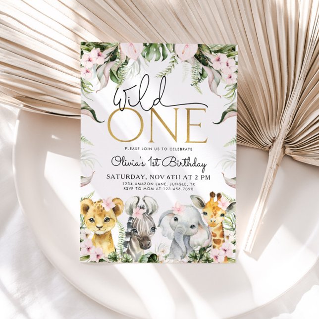 Convite Wild One Safari Animal primeiro aniversario Girl I (Criador carregado)