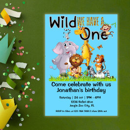 Convite Wild One Safari Animals 1st Birthday cartoon