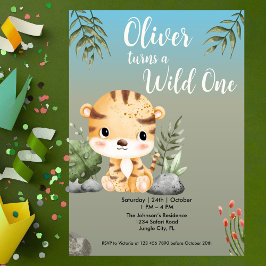 Convite Wild One Safari Animals Cute Tiger 1st Birthday