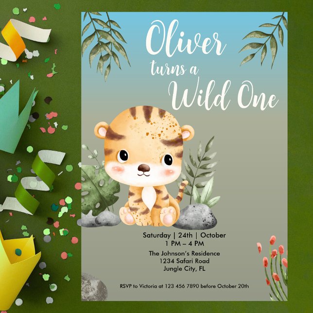 Convite Wild One Safari Animals Cute Tiger 1st Birthday (Criador carregado)