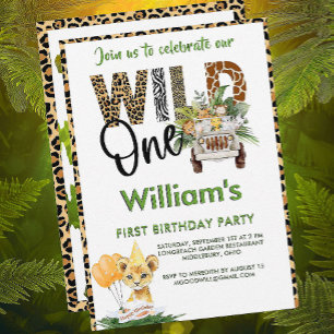 Convite Wild One Safari Animals First Birthday Boy 