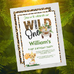 Convite Wild One Safari Animals First Birthday Boy<br><div class="desc">You will so enjoy sending out this charming and unique invitation - with that special jeep carrying the safari animals-- completed with is custom name -- and the adorable little cub saying "happy birthday". Any design questions just send a chat or an email to charmdesignstudio@rcn.com and we'll be delighted to...</div>