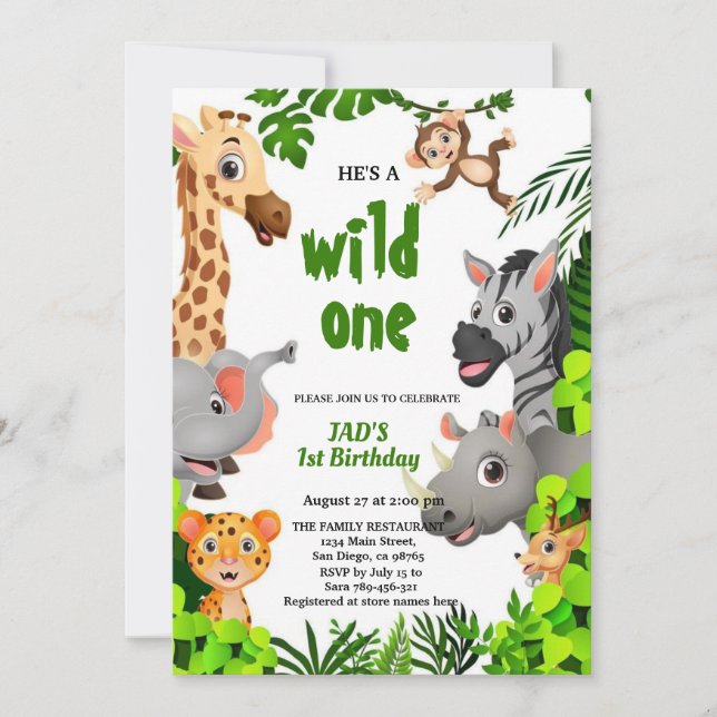 Convite Wild One Safari Animals Jungle  Birthday  (Frente)