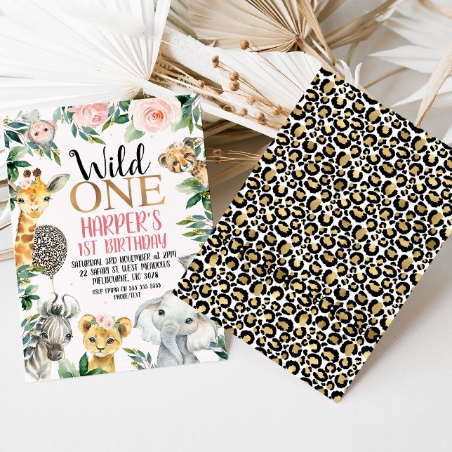 Convite Wild One Safari Cheetah Impressão Balloon primeiro (Leopard Print Wild One 1st Birthday for girl - cheetah print, cheetah print balloon,  pink floral)