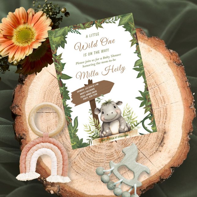 Convite Wild One Safari Cute Baby Hippopotamus Chá de fral (Criador carregado)