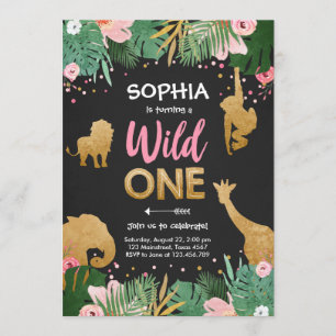 Convite Wild One Safari Dourada Rapariga Rosa Noivado