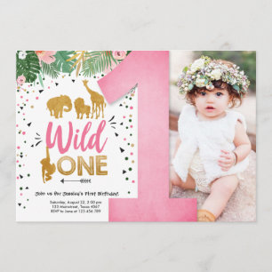 Convite Wild One Safari Dourada Rapariga Rosa Noivado