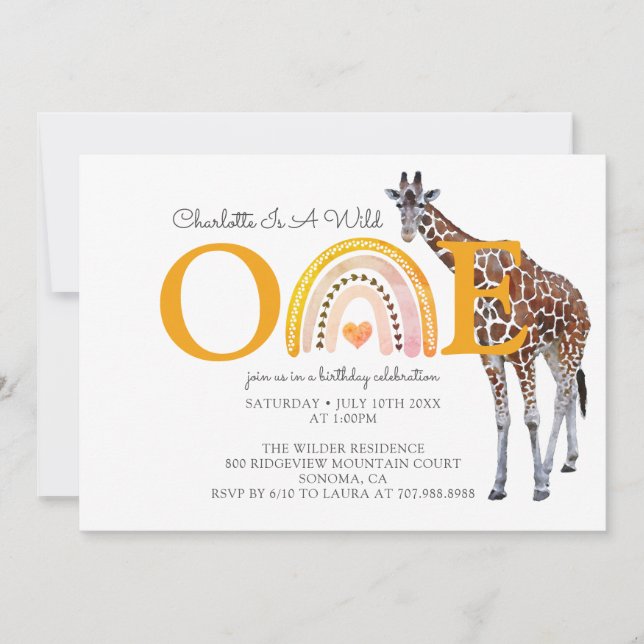 Convite Wild One Safari Giraffe Girl no primeiro aniversár (Frente)