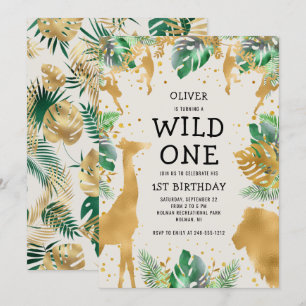 Convite Wild One Safari Green Dourado Ecru primeiro aniver