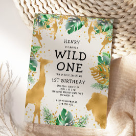 Convite Wild One Safari Green Dourado Ecru primeiro aniver