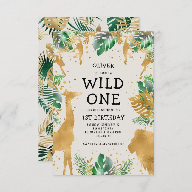 Convite Wild One Safari Green Dourado Ecru primeiro aniver (Frente/Verso)