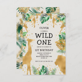 Convite Wild One Safari Green Dourado Ecru primeiro aniver