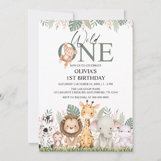 Convite Wild One Safari Jungle Animals 1st Birthday (Frente)