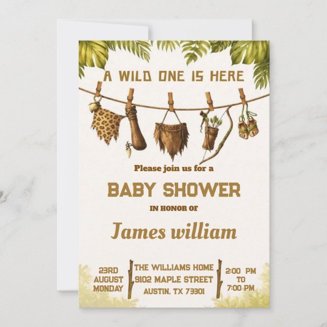 Convite ​Wild One Safari Jungle Baby Shower Invitation (Frente)