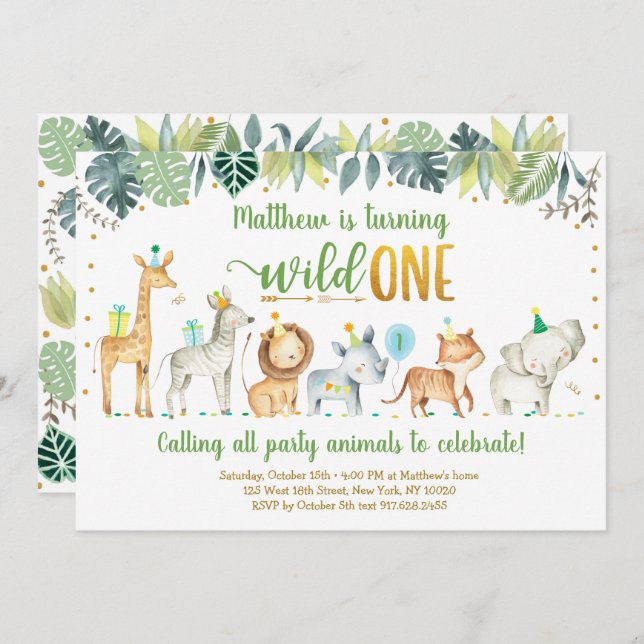 Convite Wild One Safari Jungle Birthday (Frente/Verso)