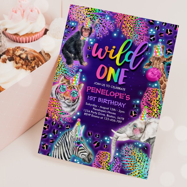 Convite Wild One Safari Neon Rainbow Cheetah Birthday (Criador carregado)